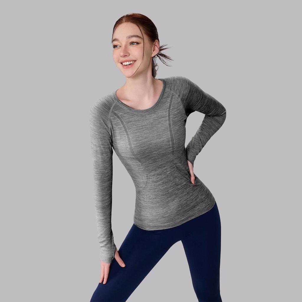 Women's Seamless Waist-Cinched Round Neck Long Sleeve Yoga Top: Breathable, High Elasticity, Shaping, Fitness Base Layer.