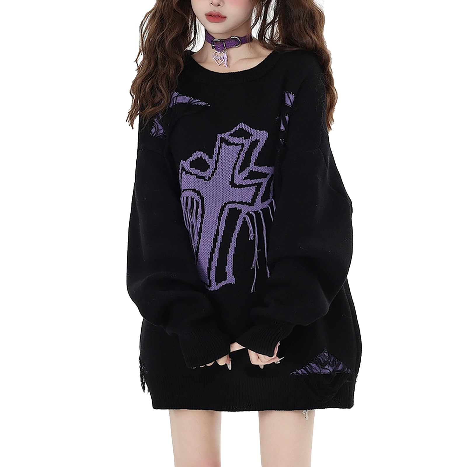 

LAVASEON Y2K Cross Print Long Korean Round Collar Stylish for Fall and Winter Women s Sweater, Thick, School-Style, Sleeve, Style, Pullover, Casual, чёрный