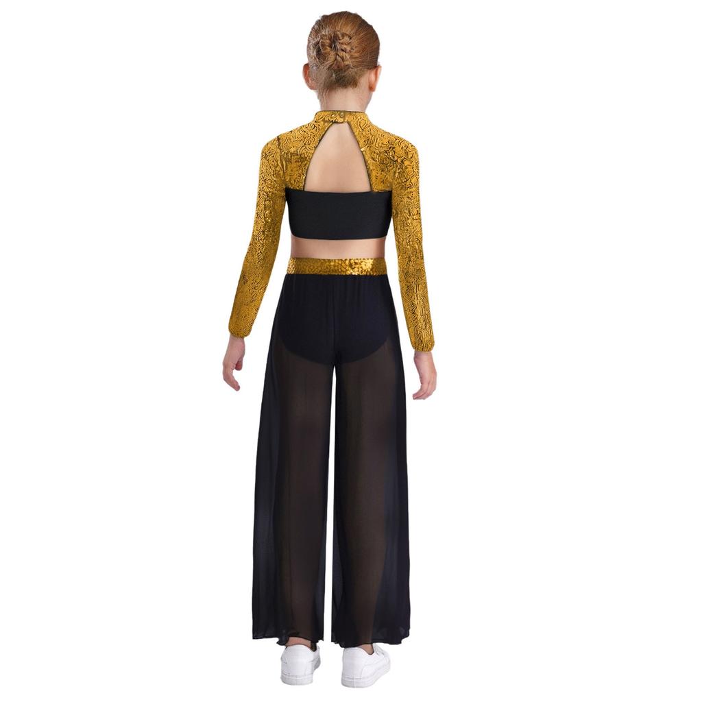 Kids Girls Dance Costume Two-Piece Set Mock Neck Long-Sleeved Sequins Cutout Back Press Button Crop Top with Flowing Chiffon Overlay Wide-Leg Side Sli