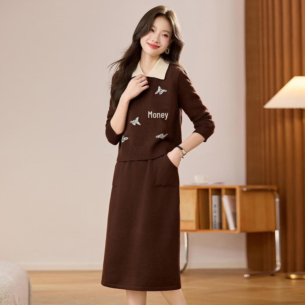 Damski dzianinowy zestaw dwuczęściowy: Kamizelka z okrągłym dekoltem i kardigan o średniej długości z długim rękawem Sukienka wełniana