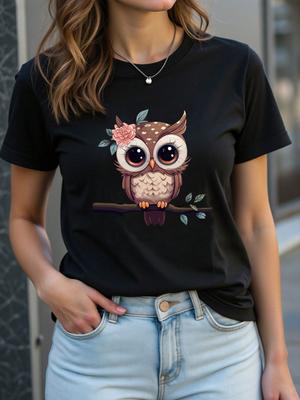 2025 Womens Summer Cartoon Owl Printed Round Neck Short Sleeve Casual TShirt Graphic Tees Women Tops Aesthetic Clothes