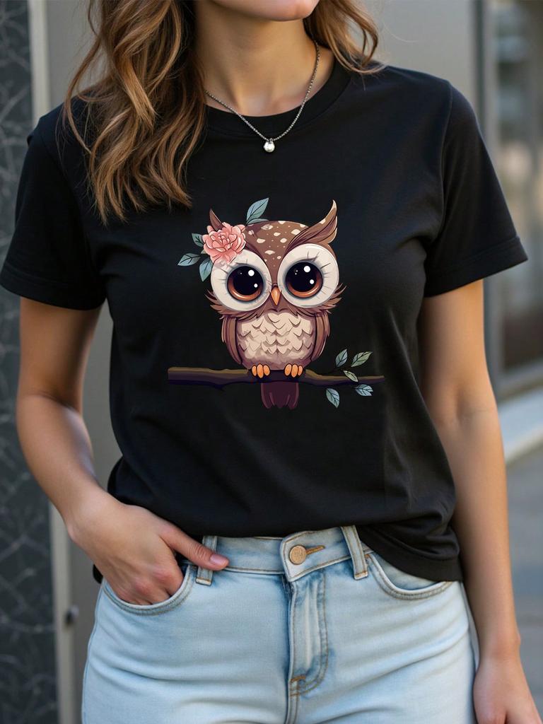 2025 Women's Summer Cartoon Owl Printed Round Neck Short Sleeve Casual T-Shirt Graphic Tees Women Tops