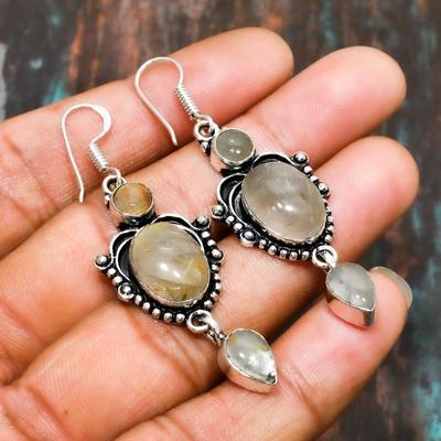 Bellissimo orecchino di gioielli in argento sterling massiccio 925 fatto a mano con rutilo dorato e pietra preziosa