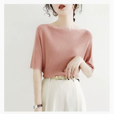 One-shoulder Top for Women's Spring New Style Gentle Style Five-point Sleeve Design Niche Ice Silk Knitted Sweater