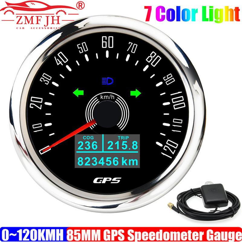 ZMFJH 7 Color LED 85MM GPS Speedometer Gauge with Antenna Auto 0-120KMH SpeedMeter High Beam Turn Light COG TRIP ODO Odometer