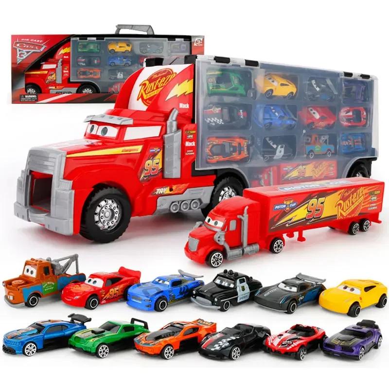 14dílná sada Pixar Cars Blesk McQueen Strýček Mack plasty Přenosné úložné vozidlo Sada Slitina auto Hračky Dětské Narozeninové Dárky
