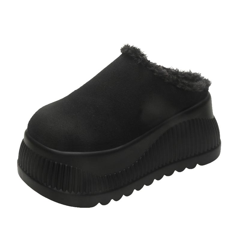 

Women Platform Fur Slippers Suede Mules Shoes Winter Trend Casual Snow Boots Short Plush Warm Cotton Shoes 10CM High Heels 34 чёрный