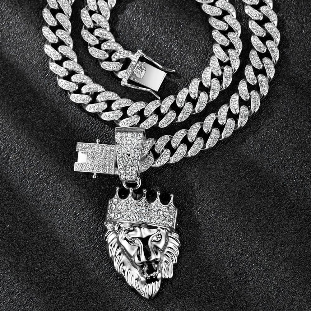 Men's Hip Hop 3D Crown Lion Head Pendant Necklace, with 13mm Cuban Chain  Animal Lion Head Rock Necklaces Fashion Punk Jewelry