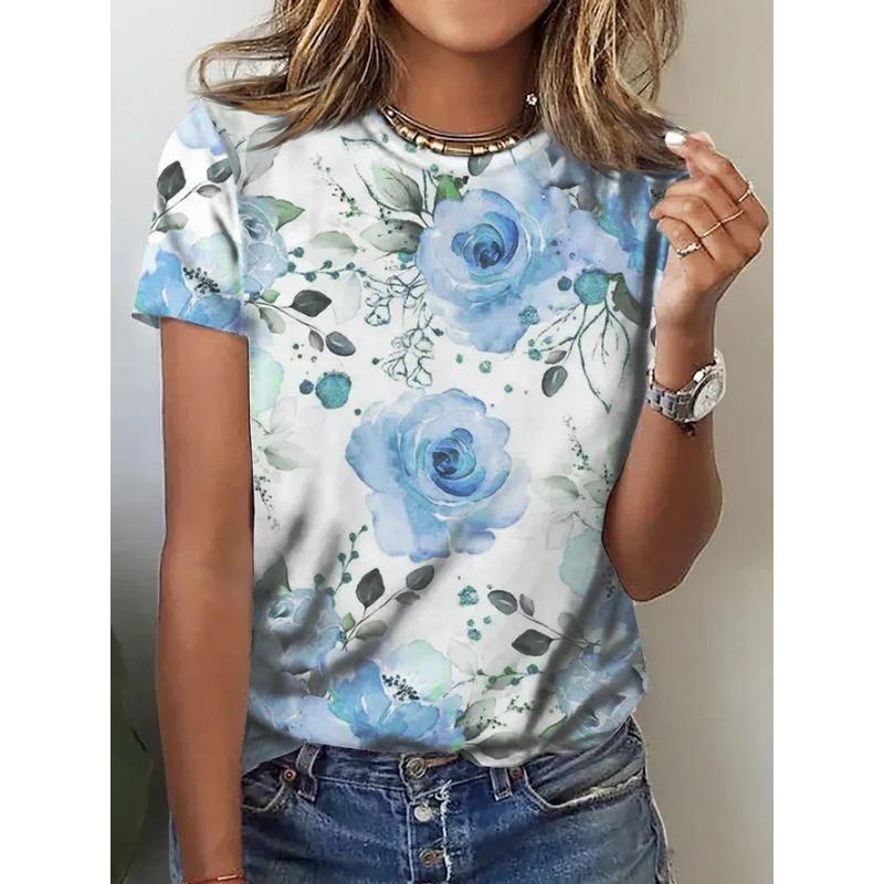 Casual Floral 3D Printed Short Sleeved T-shirt for Women In Summer Loose Simple Trendy Printed Women's Clothing Shirt