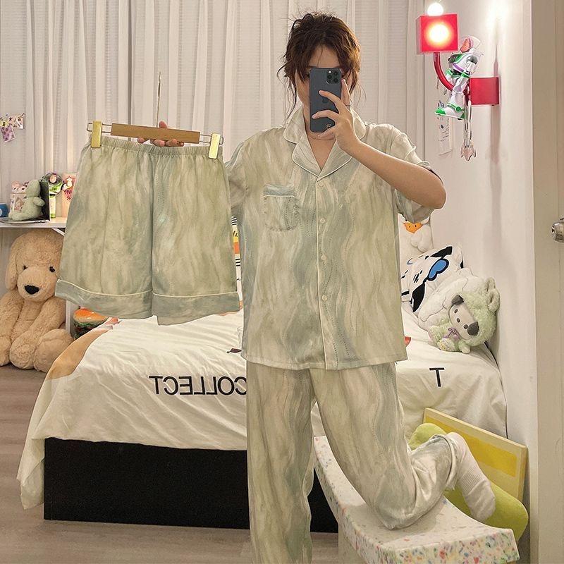 3 Pieces Set Night Wears for Women Summer New Short Sleeve Casual Striped Faux Silk Pijamas Set for Women Luxury Pyjamas Set