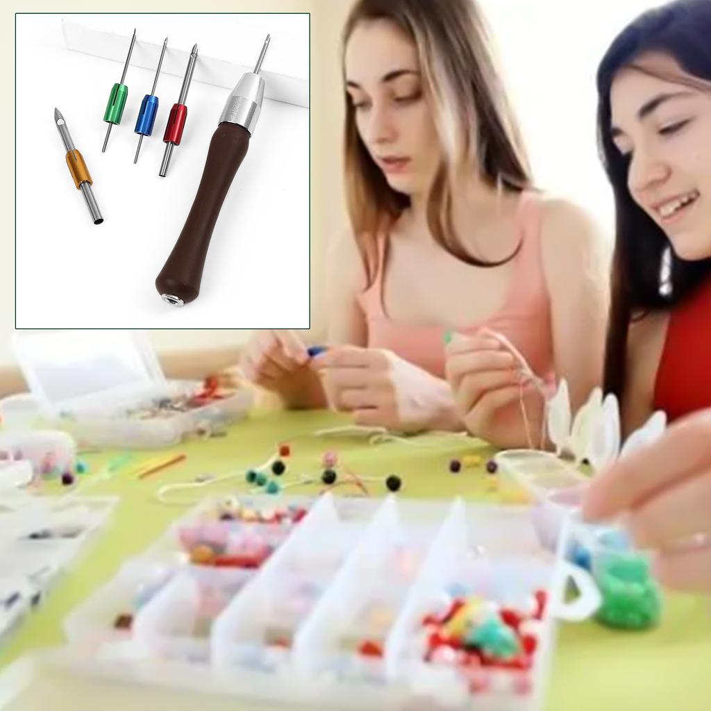 Punching Needle Embroidery Set with 4 Punching Needle Head 2 Threader Wood Handle Embroidery Pen for Embroidery Craft