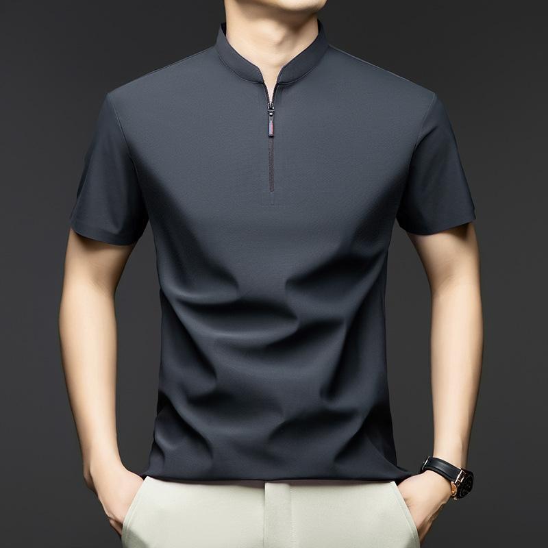 Men's Casual Fashion Solid Color Short Sleeved Polo Shirt Stand Up Collar Versatile Comfortable Top