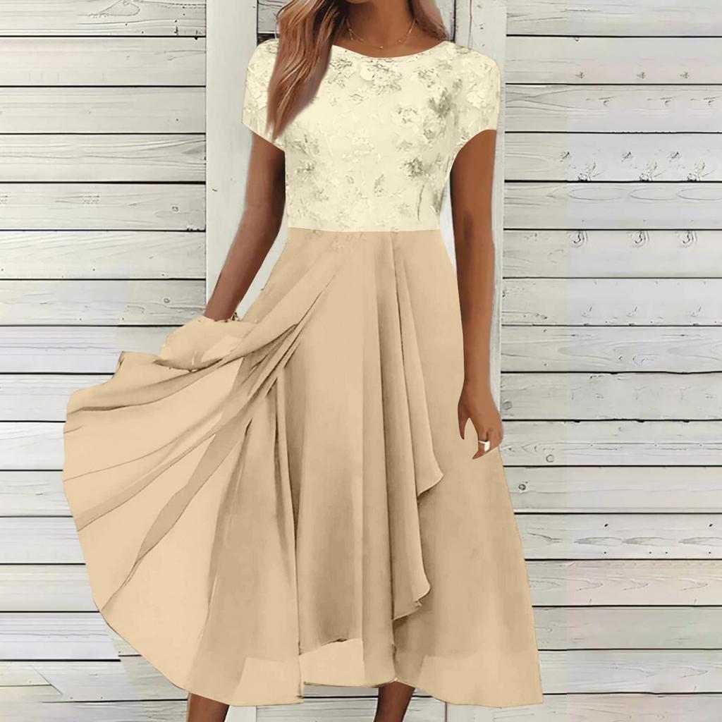 Women Chiffon Lace Patchwork Short Sleeve Maxi Dress Elegant Bridesmaid Evening Gown Flowy A Line Long Skirt for Formal Events