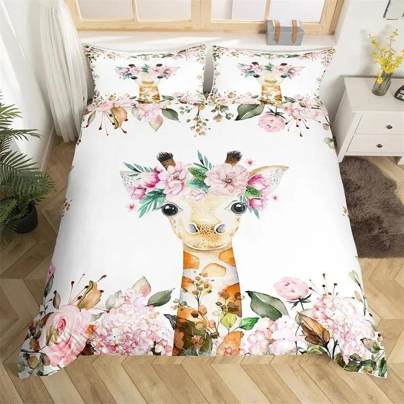 Lovely Baby Elephant Flowers Duvet Cover Set Cute Cartoon Animals Bedding Set Giraffe Quilt Cover Twin Full For Girls Boys Gift
