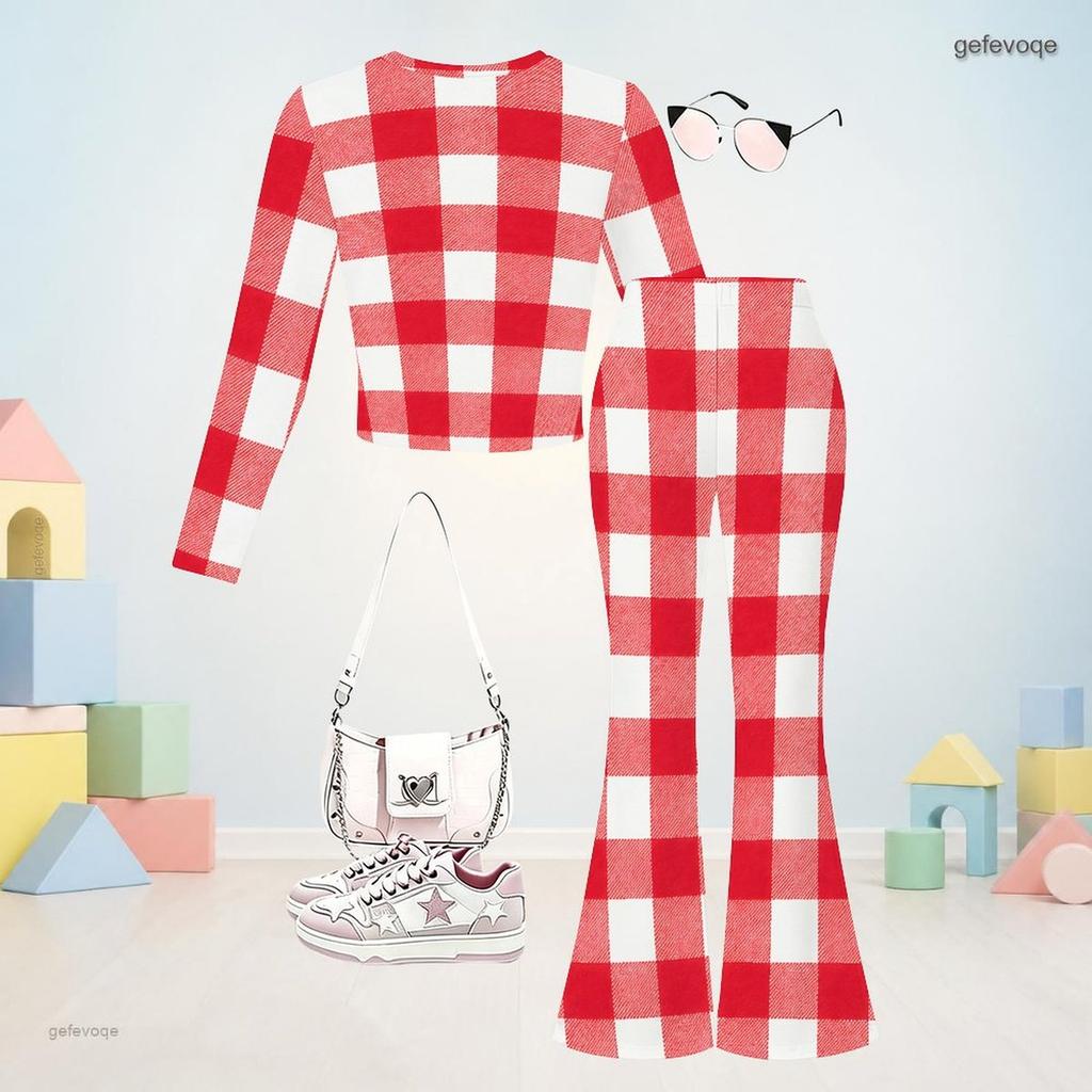 Girls Orange Plaid Printed Round Neck Long Sleeve Top And Flared Pants Two Piece Set