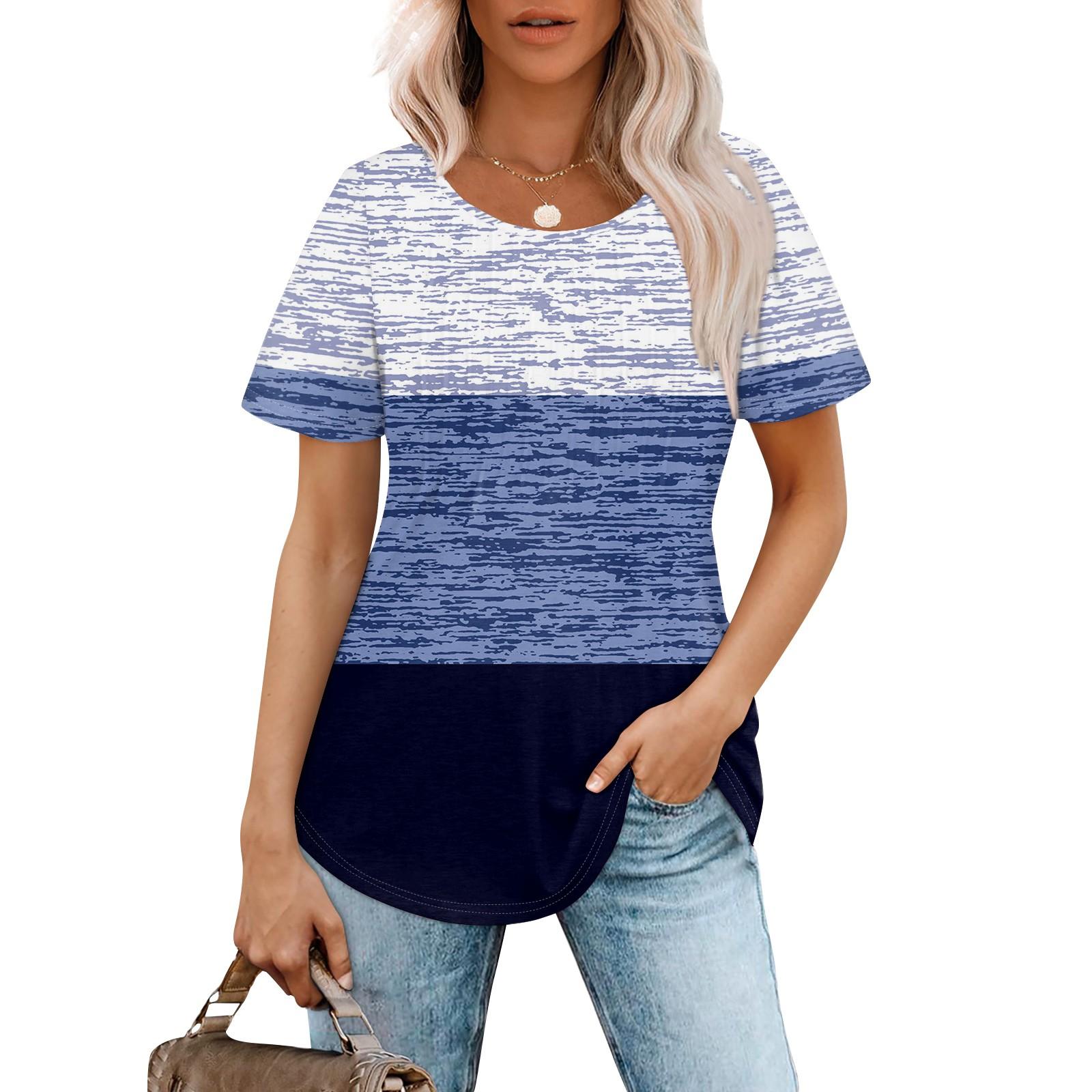 

Женская модная повседневная плиссированная футболка с короткими рукавами и круглым вырезом с градиентным принтом L синий