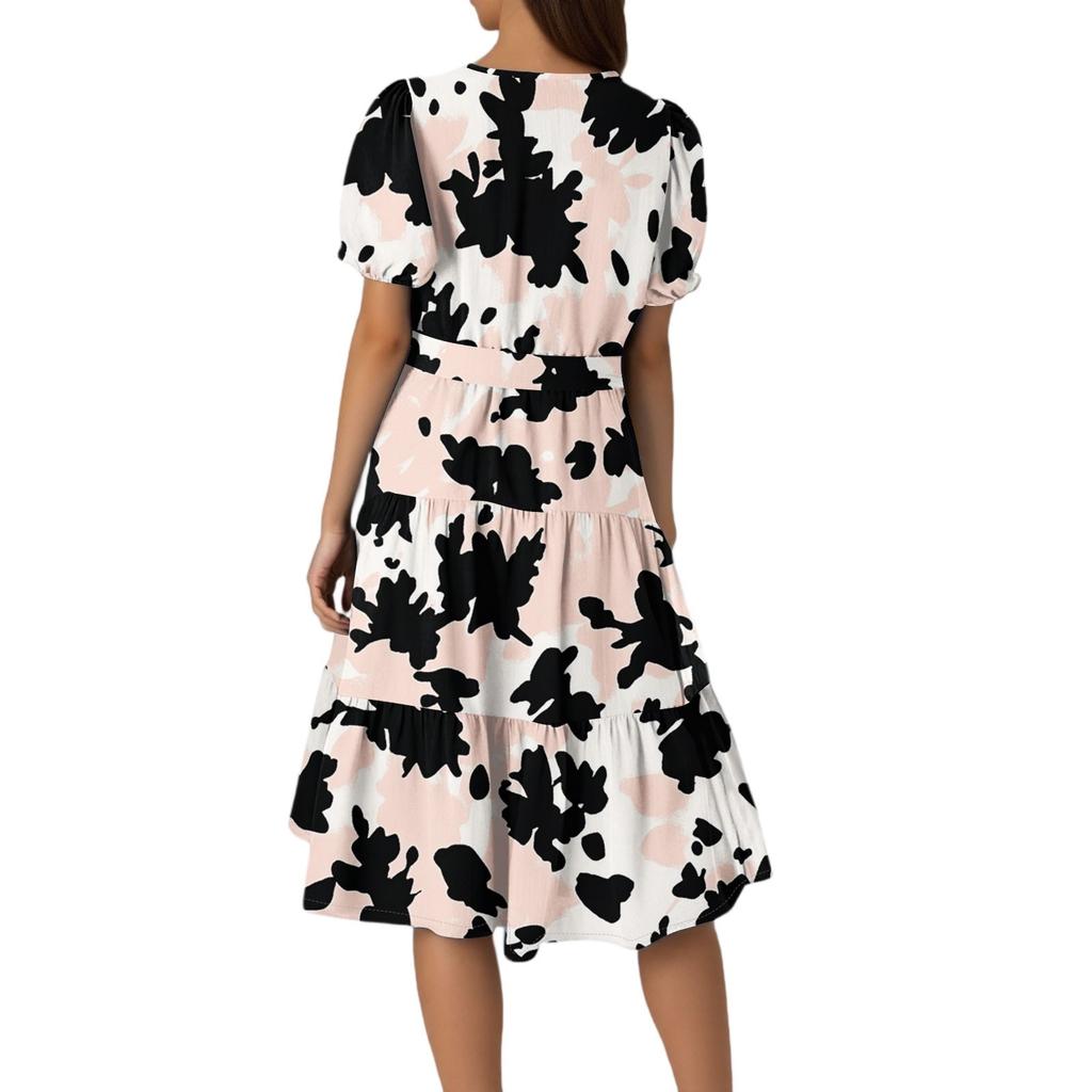 Women's Summer Floral Print Short Sleeves Neck Waistband Bohemian Flowy Maxi Dress With Pockets