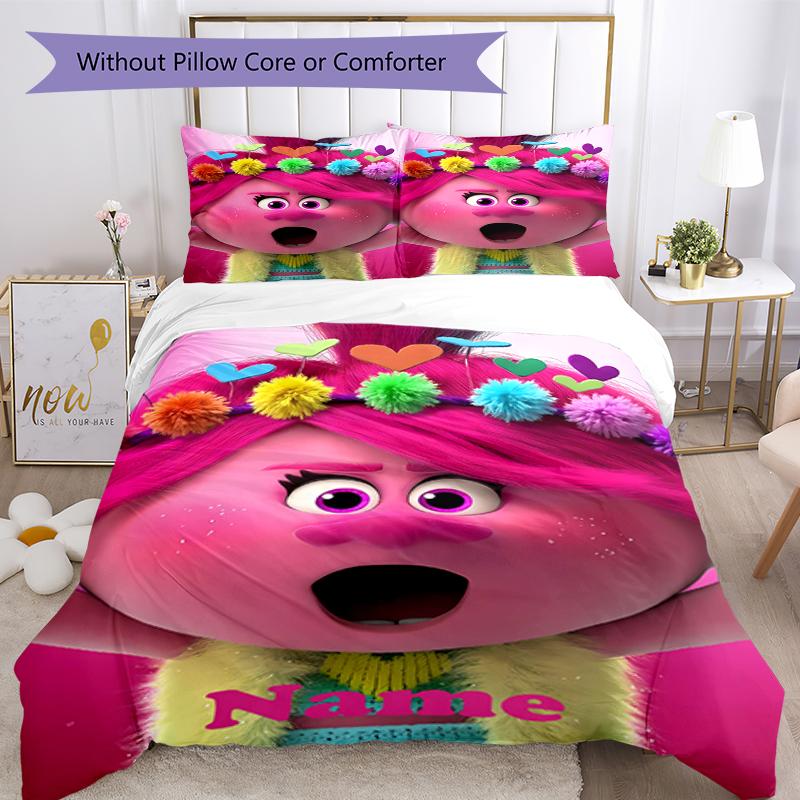 3pcs Custom Name Trolls Bedding Set Duvet Cover Closure Includes 1 Duvet Cover & 2 Pillowcases, Soft and Comfortable for All Seasons.