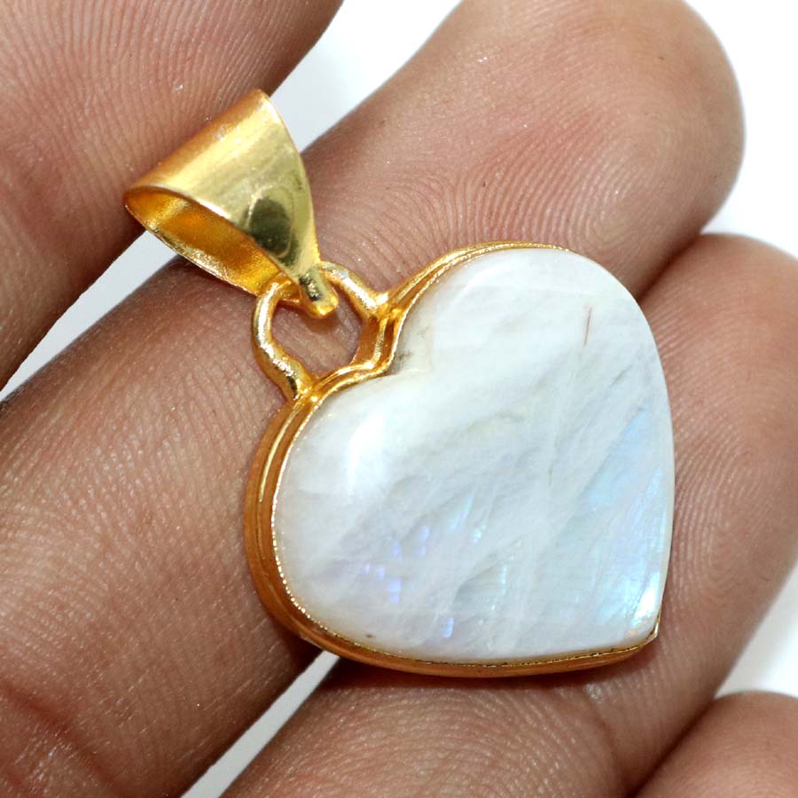 Heart Rainbow Moonstone Golden Plated Pendant 1.4" Handmade Gift Jewelry V1S30