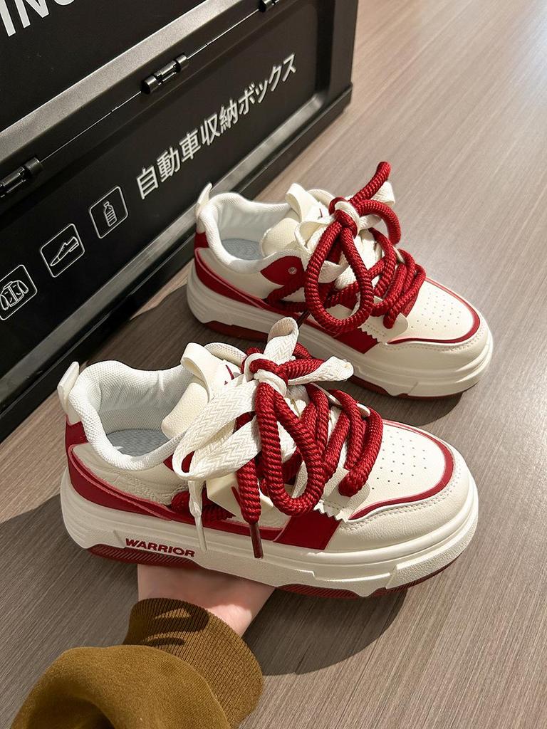 Women's Burgundy Autumn Sneakers: Breathable, Thick-Soled, Versatile Sports Shoes