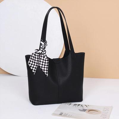 Tote Women's Bag Genuine Leather Large Capacity Cowhide Shoulder Bag Casual Basket Handbag (Scarf Sent Randomly)