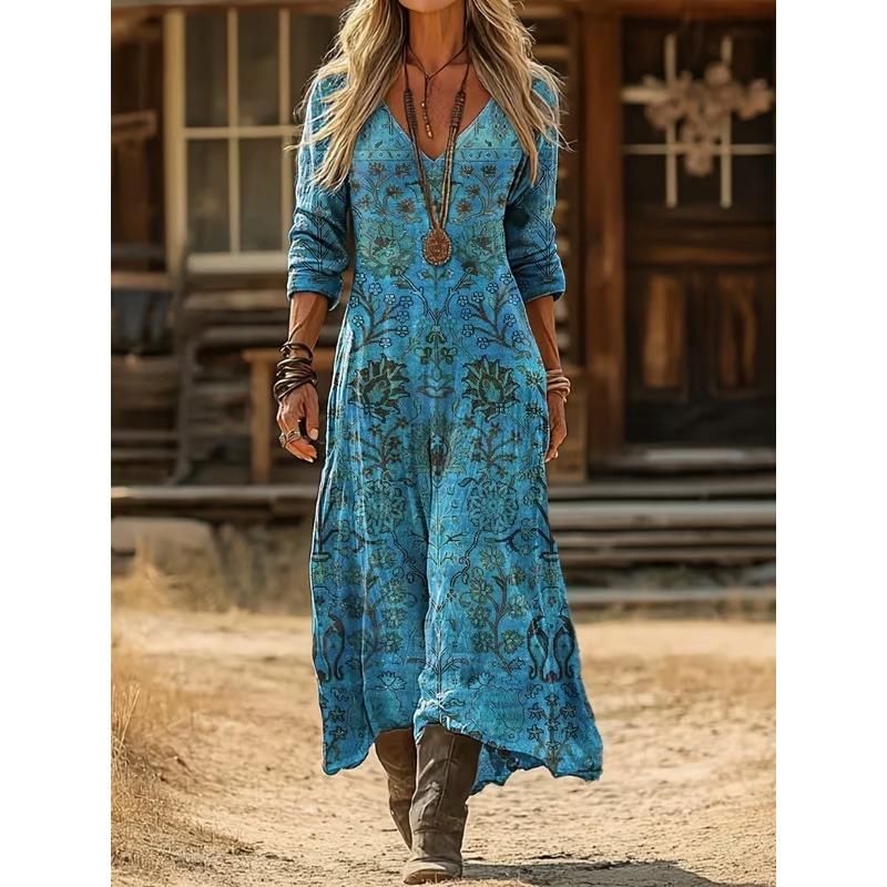Creative Tie-dye Printing Women's New V-neck Long-sleeved Dress Medium and Long Dress