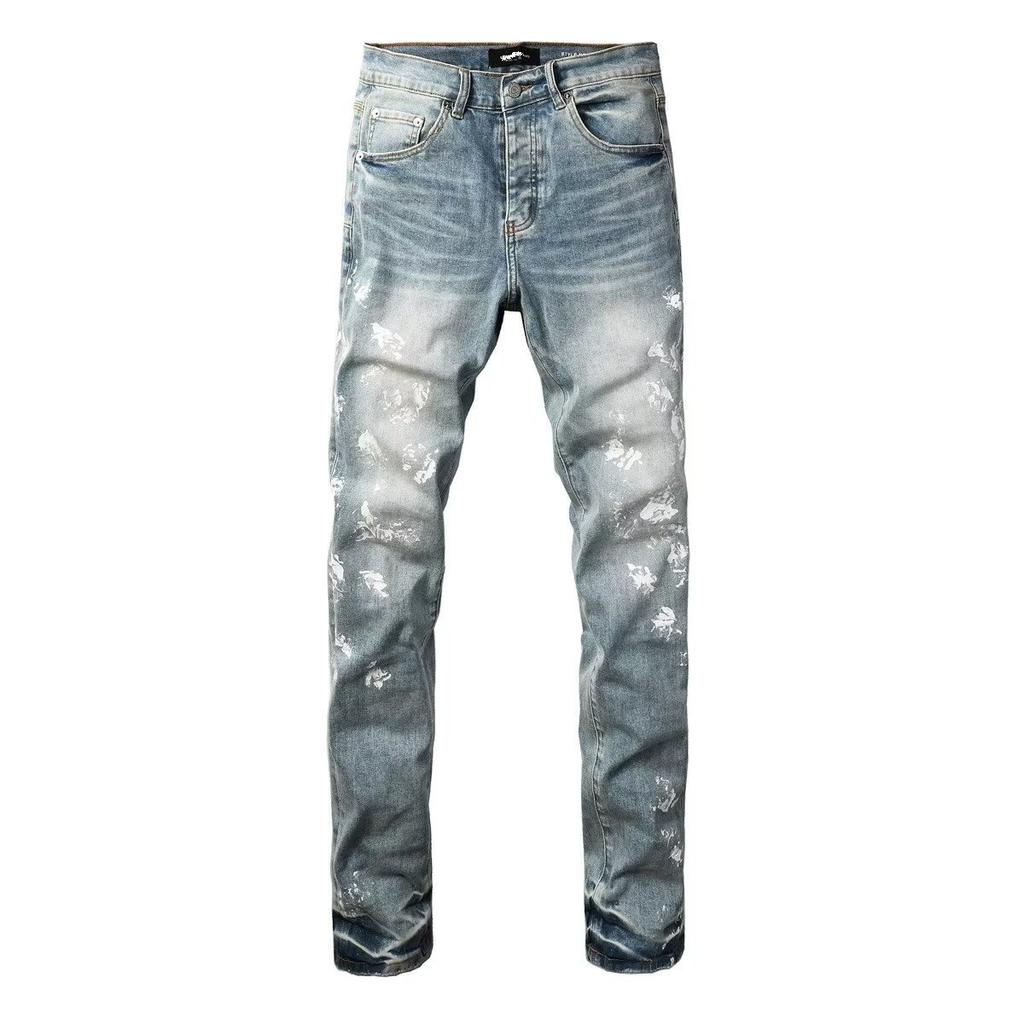 American Street Casual Style Graffiti Jeans Men's Trendy Brand Elastic Slim Fit Small Feet Thin Fashion Versatile Trousers