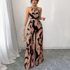 Women Sleeveless Halter Neck Strappy Printed Wide Leg Casual Jumpsuit