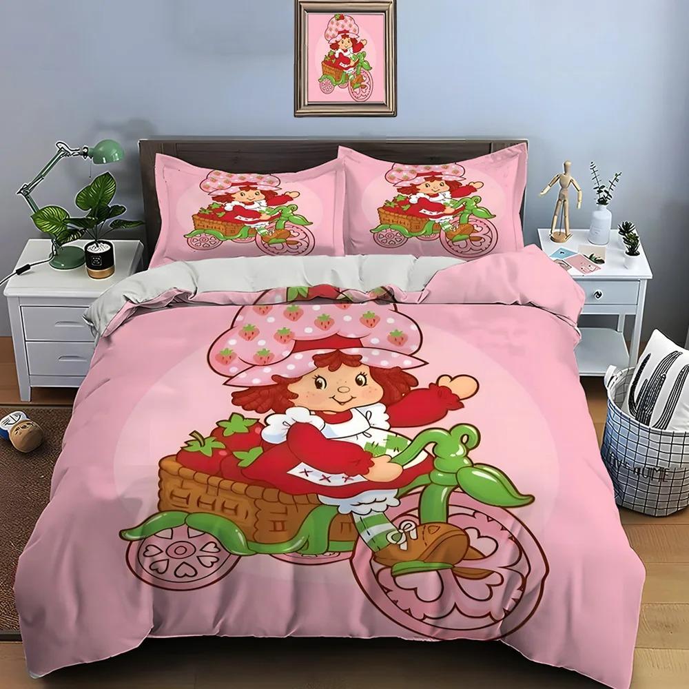 3D Anime Cuete Duvet Cover and Pillowcase, E-Emily Erdbeer Friends Bedding Set, Cute Bedroom Decoration 135x200, Gift for Girls