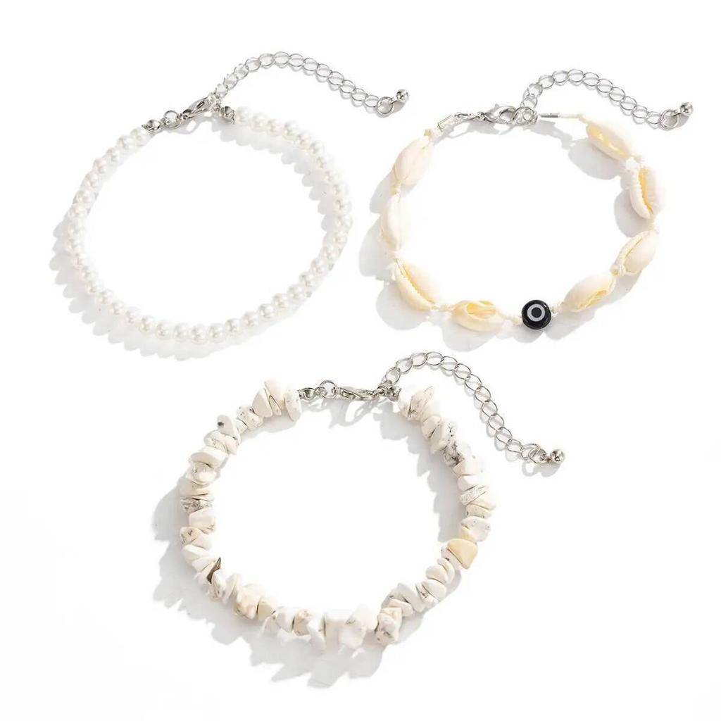 SHIXIN 3Pcs/Set Bohemian Scallop Imitation Pearls Bracelet for Women Summer Beach Multilayer Stacked Bangle Party Jewelry Gifts