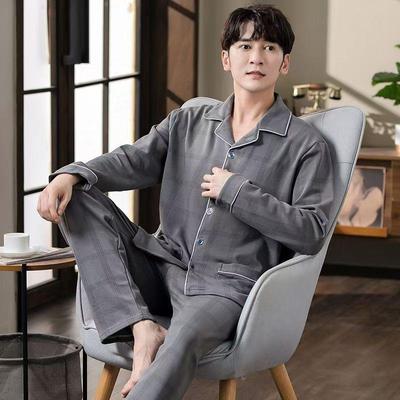 Ensemble de pyjama pour homme en pur coton, coupe ample: Cardigan à manches longues et pantalon pour le printemps/l'automne