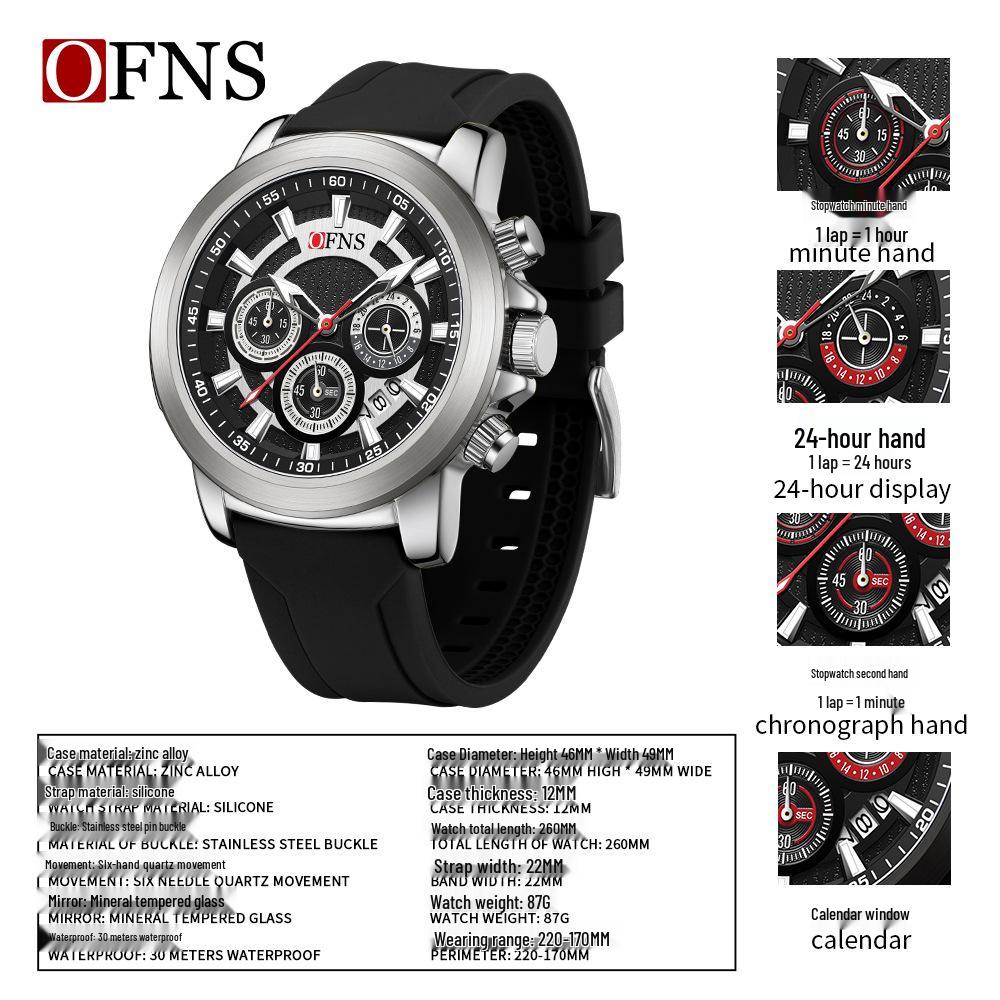 Men's Multifunction Quartz Sports Watch with Calendar & Three-Eye Design