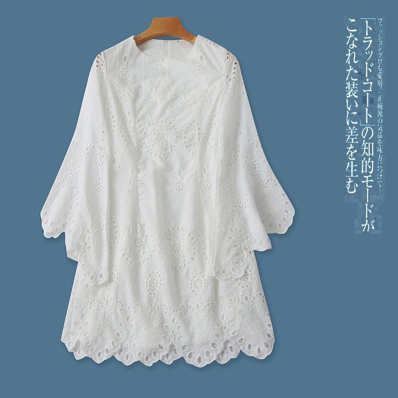 

Embroidery Cut-out Dress Spring and Autumn New Foreign Trade Women clothes Slim fit round Neck Pullover Horn Long sleeve Short dress 28360 White A- 5-1-1 S