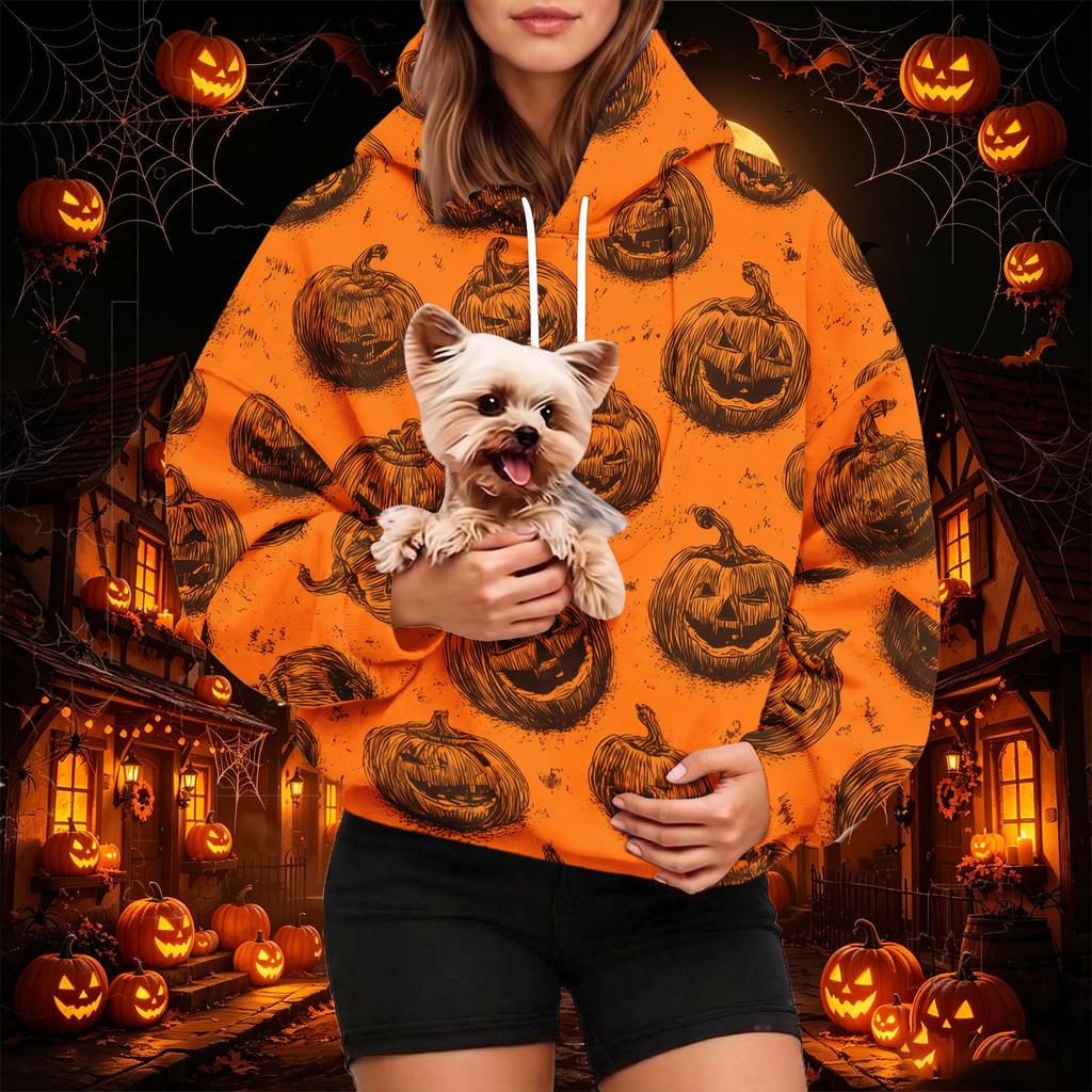 Dámská módní mikina s kapucí a potiskem na Halloween s kapsou na mazlíčka, ležérní mikina