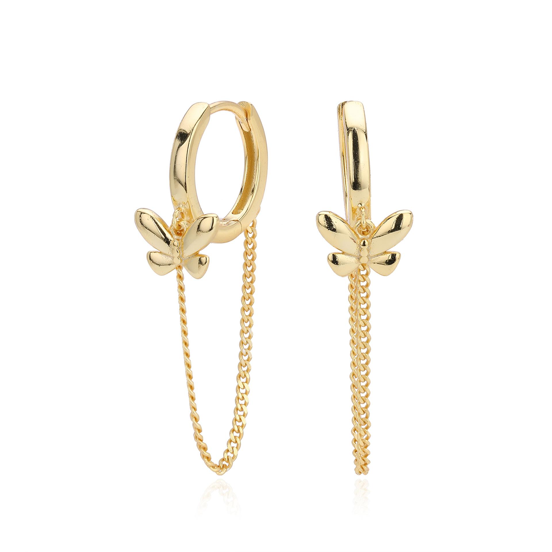 Factory Cheap 925 Sterling Silver Butterfly Tassel Chain Earring Gold Plated Hoop Earrings for Women