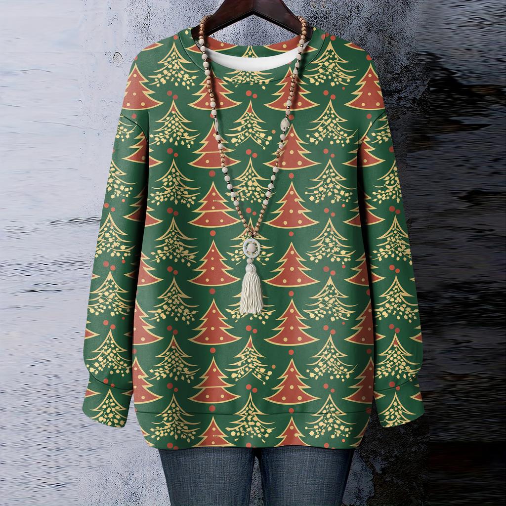 Ladies' Christmas Printed Round Neck Long Sleeved T-shirt Sweatshirt Top