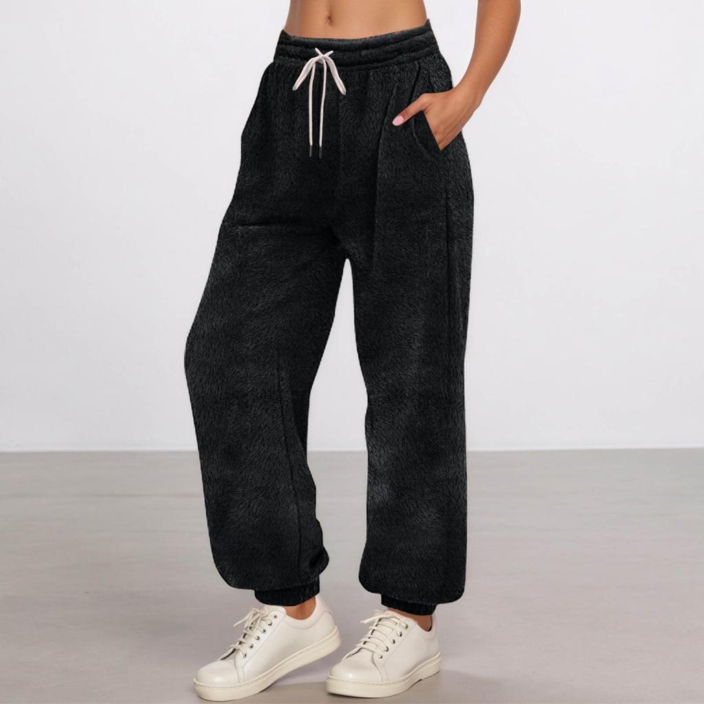 Women's Fashionable Solid Color Pocket Drawstring Elastic Waist Plush Casual Pants