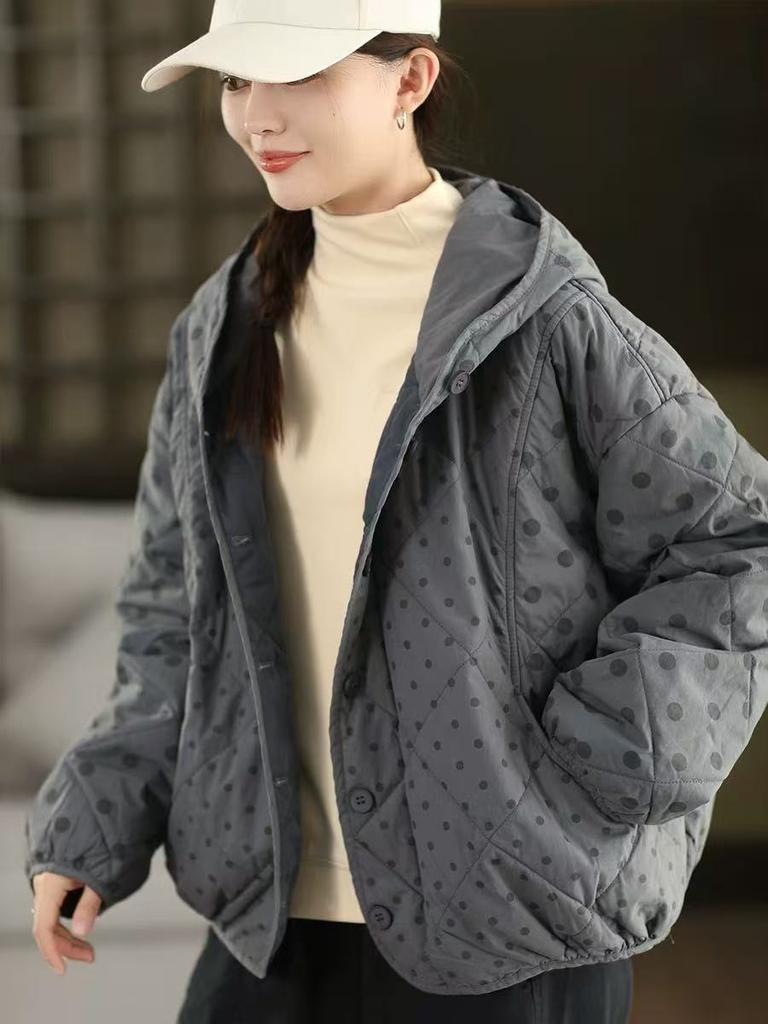 Johnature Women Vintage Hooded Button Warm Polka Winter Loose Casual Soft Female Pockets Thick Coats