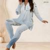 Women Plus Size Light Blue Printed Half Zip Long Sleeve Longline Top Fitted Pants Two Piece Set