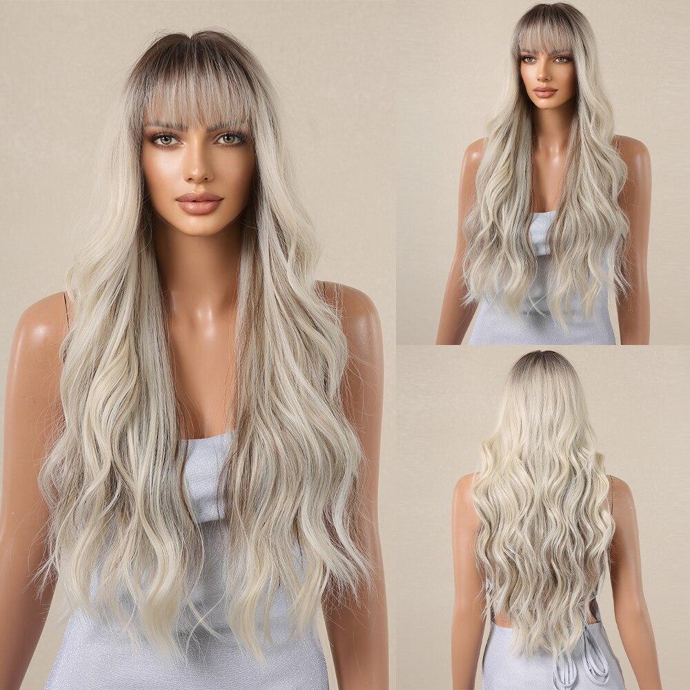 EASIHAIR Long Wavy Synthetic Wigs Blonde Ombre Hair Wig with Bangs for Women with Bangs Cosplay Daily Wig Heat Resistant