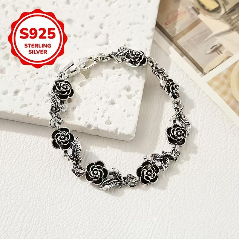 Bracciale in argento 925, stile donna, design a rosa e foglia, perfetto per compleanni, San Valentino, feste e altre occasioni