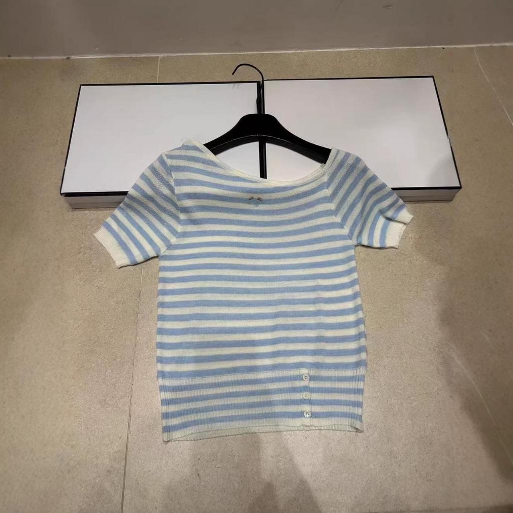 High-Quality Off-Shoulder Striped Knit Short-Sleeve Casual Top - 2026 Summer Collection
