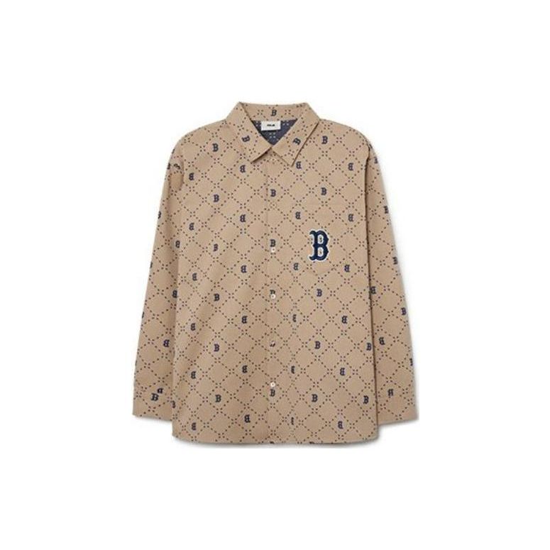 MLB Boston Red Sox Letter Logo All Over Print Polo Button Diamond Pattern Loose Long Sleeve Shirt Unisex Shirts Brown 3AWSM0231-43SAL