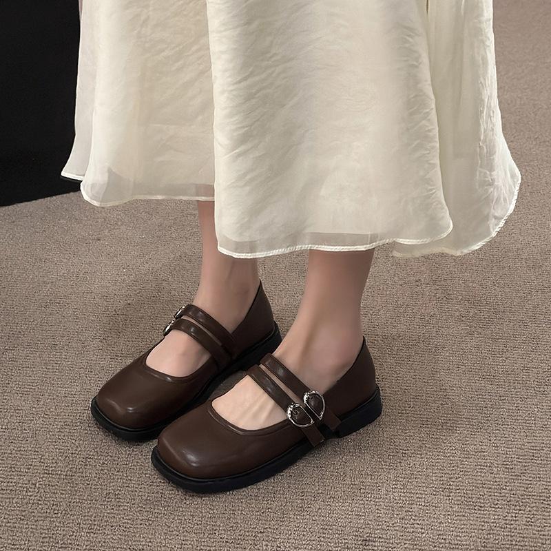 Flat bottom square head Mary Jane shoes women's summer with skirt French small leather shoes 2025 new shallow mouth fashion single shoes women
