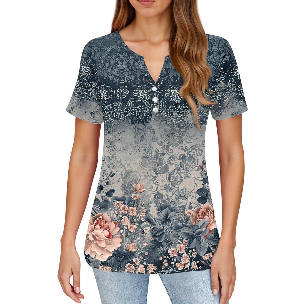 Women's T Shirt Print Button Short Sleeve Daily Weekend Fashion Basic V- Neck Regular Top