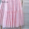 Mori Girl Spring Summer Women Pink Midi Skirt Elastic Waist Embroidery Sweet Chic Skirt Hollow Out Elegant Feminine Skirts