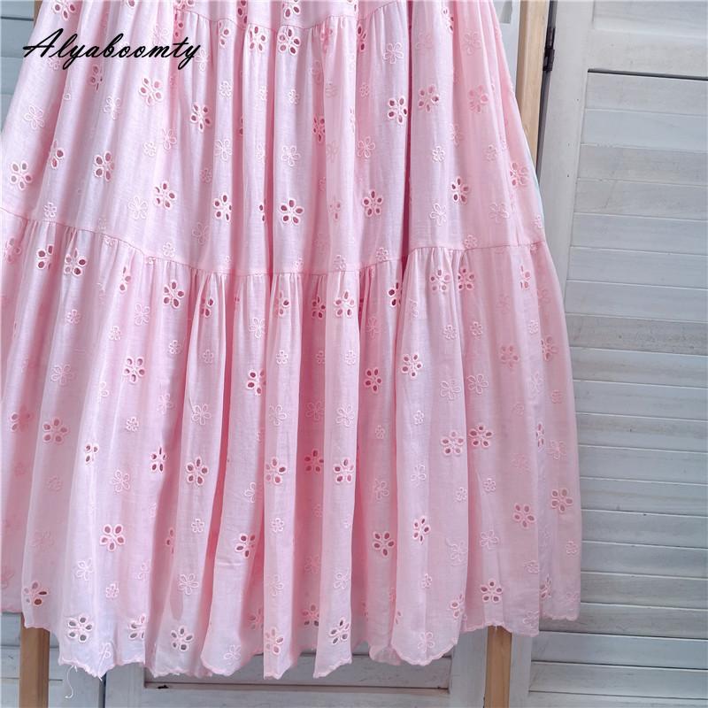 Mori Girl Spring Summer Women Pink Midi Skirt Elastic Waist Embroidery Sweet Chic Skirt Hollow Out Elegant Feminine Skirts