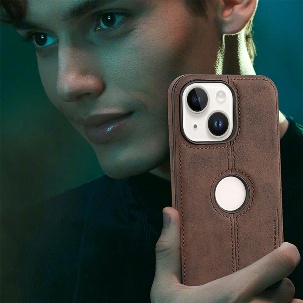 For iPhone 14 Case Central Axis with Logo Cutout PU Leather+PC Phone Back Cover