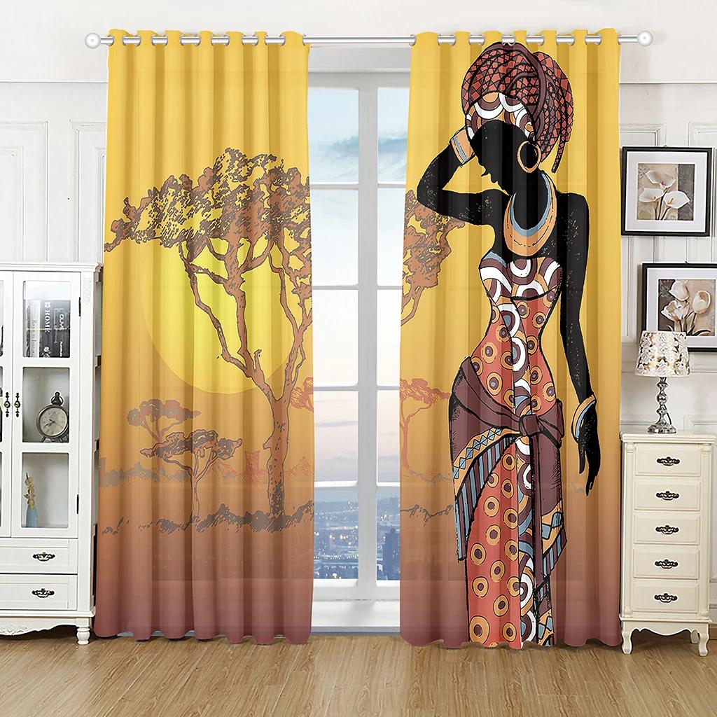 Kenya Nature Three African Woman Kitchen Curtains for Living Room Bedroom Decoration Curtains Drapes