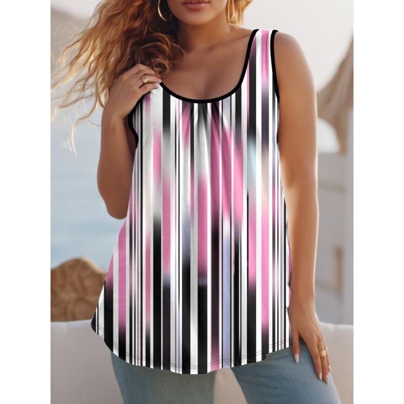Plus Size European And Comfortable Casual Women S Sleeveless Ruffled Top with a Gradient Striped Pattern 1XL